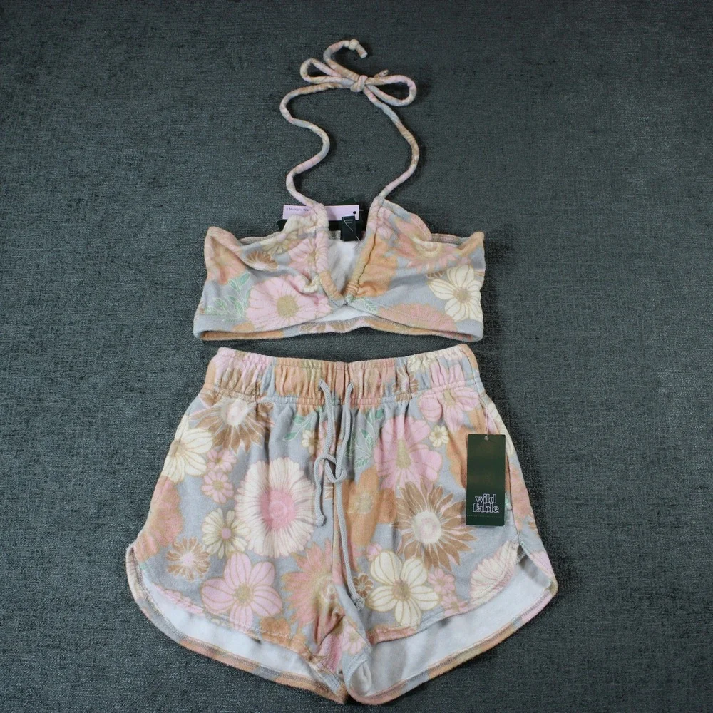 Wild Fable Floral Terry Cloth Halter Top and‎ Shorts Lounge Set Pink XS NWT